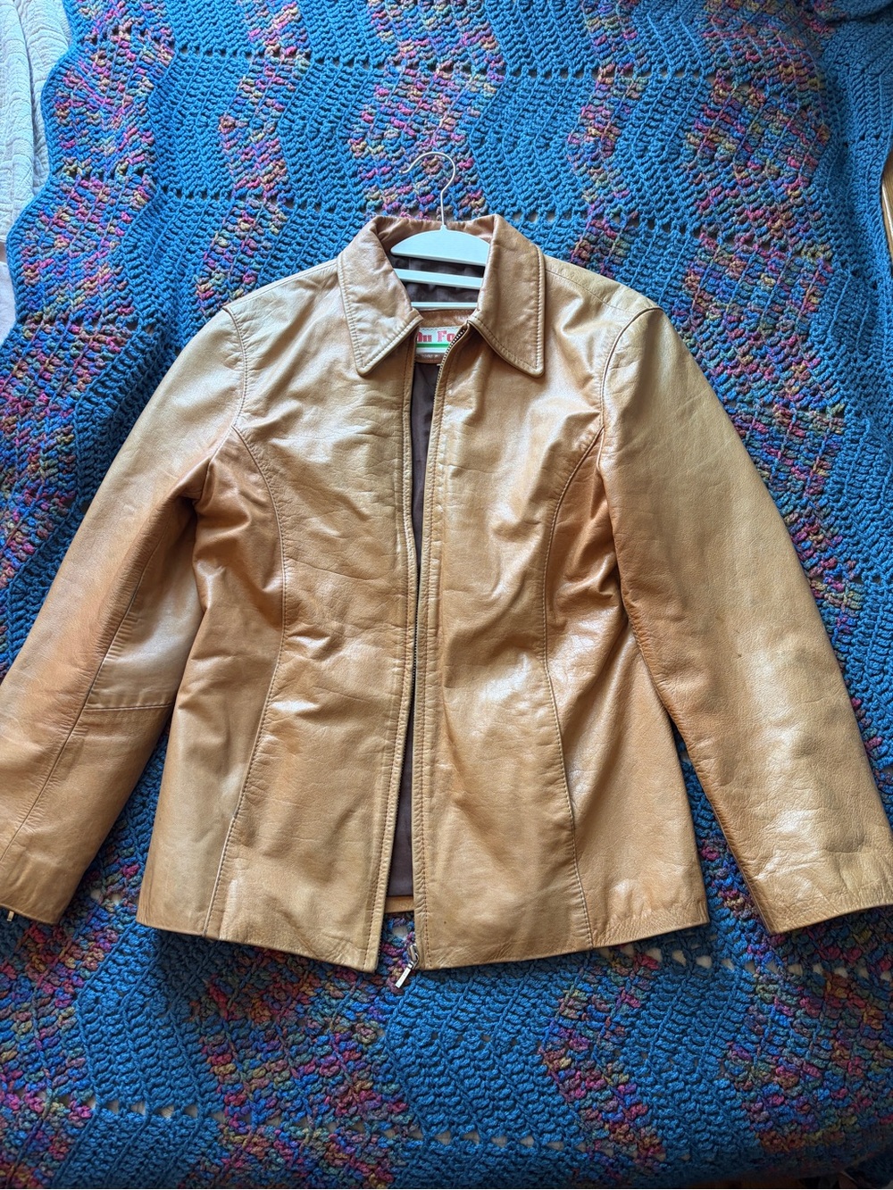 Classic Women's Tan Leather Jacket, Chore  coat, size small